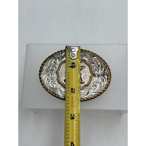 Crumrine Letter K Western Engraved Oval Belt Buckle USA Silverplate Gold Accent main image 2